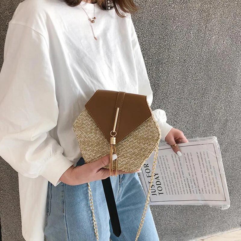 Sac à Bandoulière Hexagonal en Raphia et Similicuir
