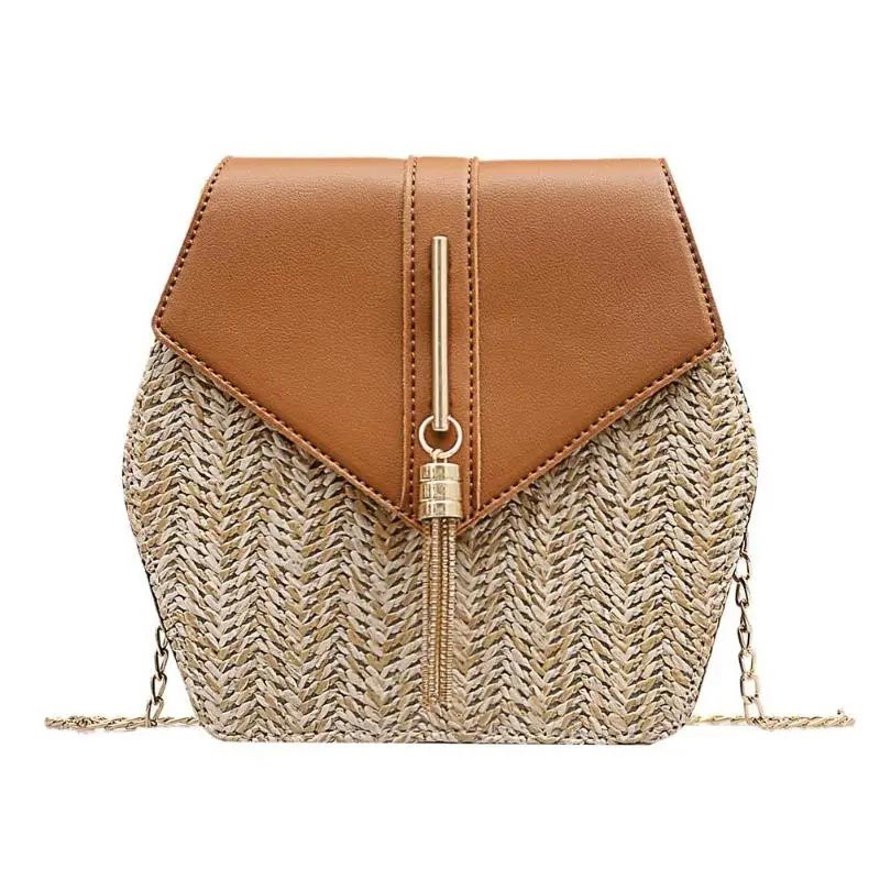 Sac à Bandoulière Hexagonal en Raphia et Similicuir