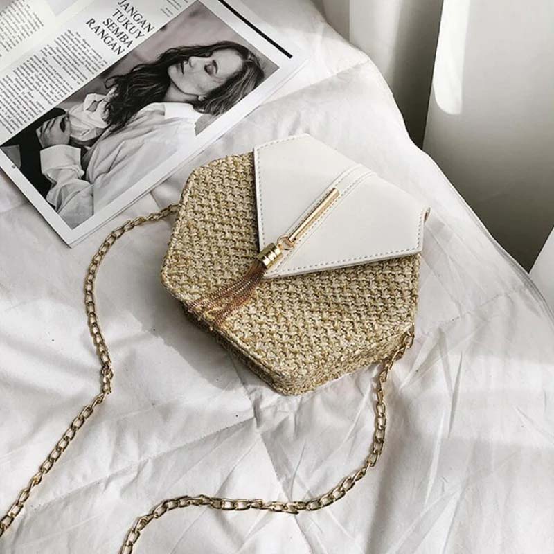 Sac à Bandoulière Hexagonal en Raphia et Similicuir