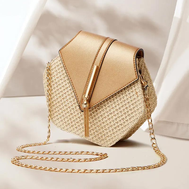 Sac à Bandoulière Hexagonal en Raphia et Similicuir
