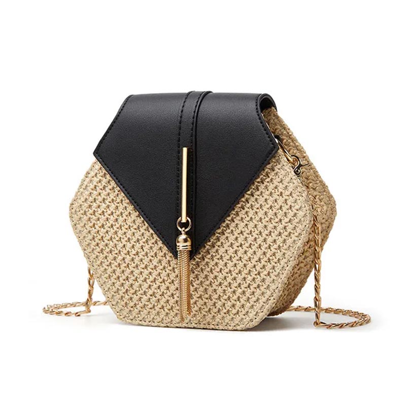 Sac à Bandoulière Hexagonal en Raphia et Similicuir