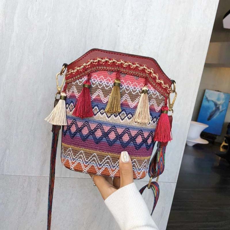 Sacoche Bohème Multicolore avec Pompons