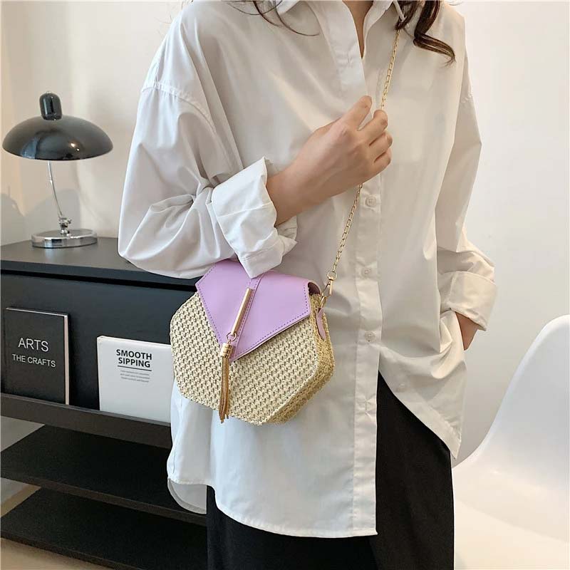 Sac à Bandoulière Hexagonal en Raphia et Similicuir