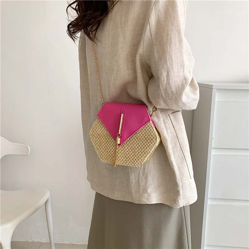 Sac à Bandoulière Hexagonal en Raphia et Similicuir