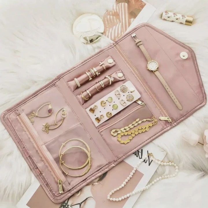 Pochette Rouleau à Bijoux – Rangement Voyage Anti-emnêlement – Compartiments Pour Bagues, Colliers, Boucles D’oreilles