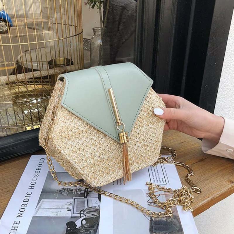 Sac à Bandoulière Hexagonal en Raphia et Similicuir