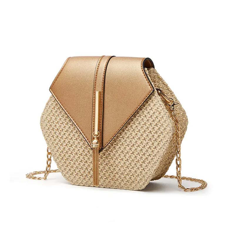 Sac à Bandoulière Hexagonal en Raphia et Similicuir