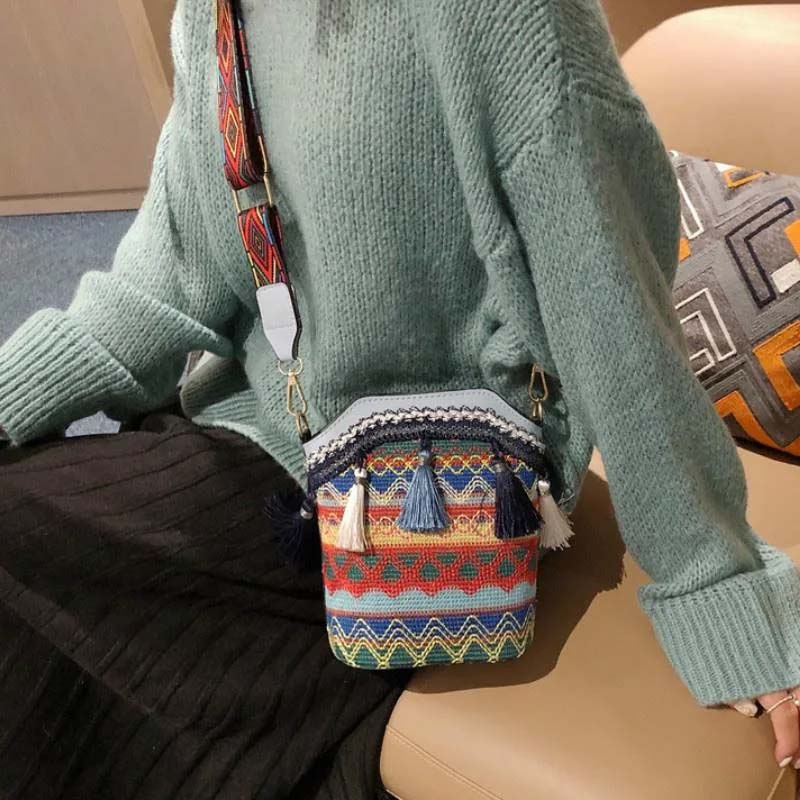 Sacoche Bohème Multicolore avec Pompons